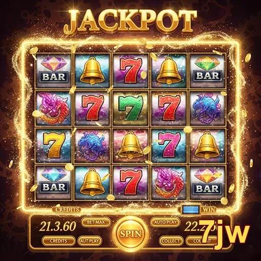 Jogo de caça-níqueis 'Jackpot' no site 7jw, mostrando símbolos vibrantes e emocionantes.